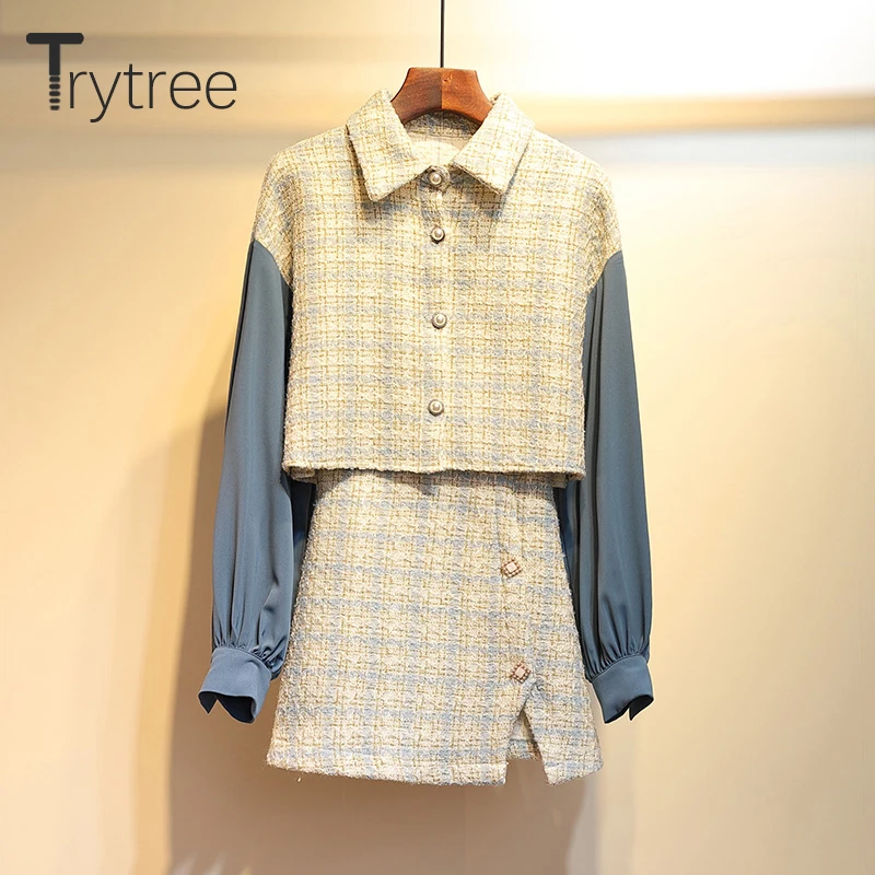 Trytree 2019 Autumn Winter Women Two Piece Set Casual Turn-down Collar Plaid Tops + Skirt Mini Button Office Lady 2 Piece Set
Trytree 2019 Autumn Winter Women Two Piece Set Casual Turn-down Collar Plaid Tops + Skirt Mini Button Office Lady 2 Piece Set