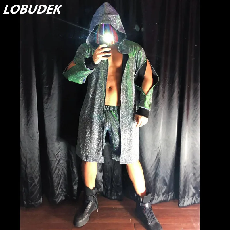 

Nightclub Male Rock Singer Powder Cloak Long Coat Rappers Performance Hooded Jacket Hollowed Sleeve Overcoat Bar Hip Hop Clothes