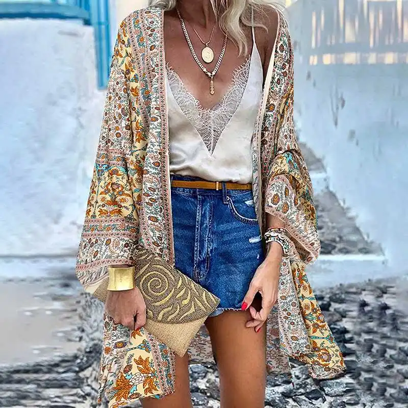 

ZANZEA Women Bohemian Open Front Long Sleeve Blouse Kimono Casual Loose Floral Printed Cardigan Summer Beach Tops Vintage Blusas