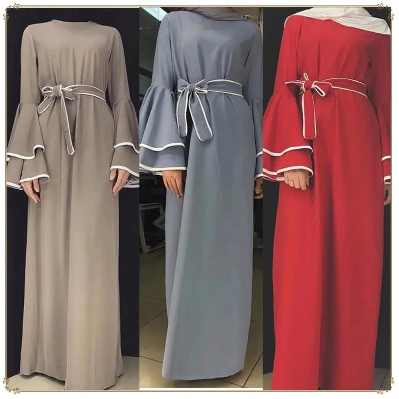 

New Bell sleeve Abaya Dubai Dress Kaftan Turkey Islamic Clothing moroccan Arabian Full sleeve Solid color Muslim Dress Evening