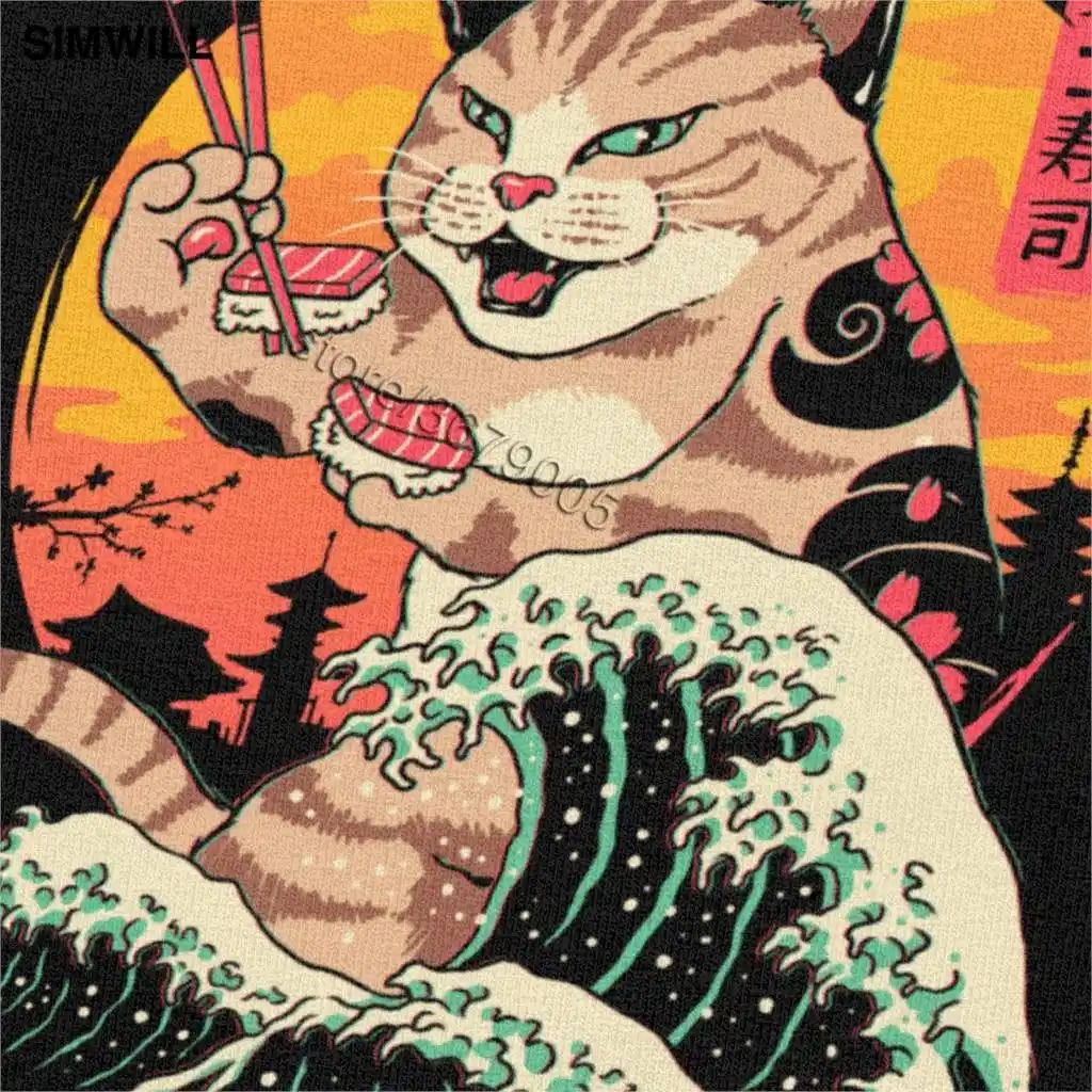 brand new t shirt men cotton neko sushi wave t-shirts short