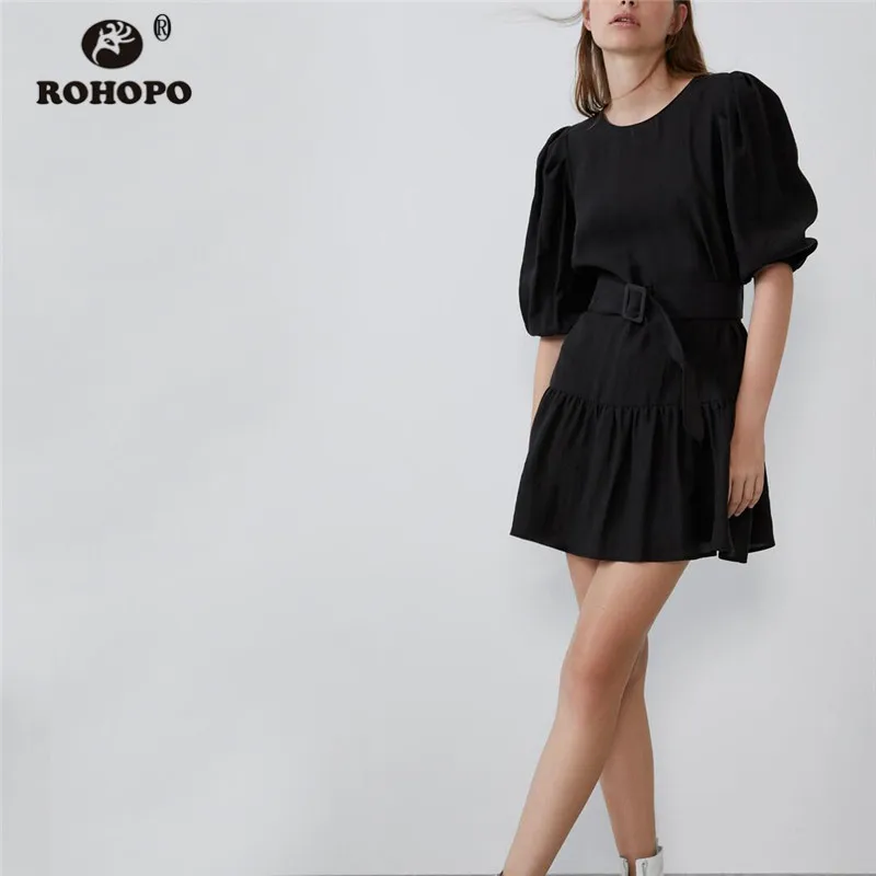 ROHOPO Dound Collar Puff Half Sleeve Ruffled Black Mini Dress Belted Ladies Solid Chic Party Casual Vestido #9344
ROHOPO Dound Collar Puff Half Sleeve Ruffled Black Mini Dress Belted Ladies Solid Chic Party Casual Vestido #9344