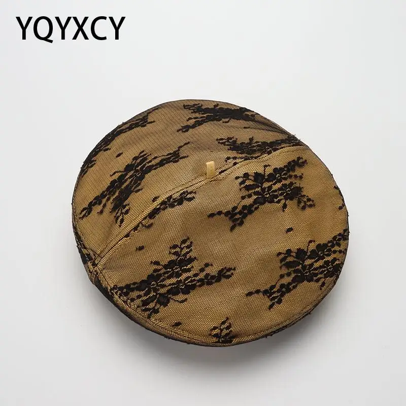 

YQYXCY Pu Leather Beret Hat Women Lace Flower Yarn Beret Femme Painter Pumpkin Cap Women Hats Flat Cap Gorras Boina Autumn