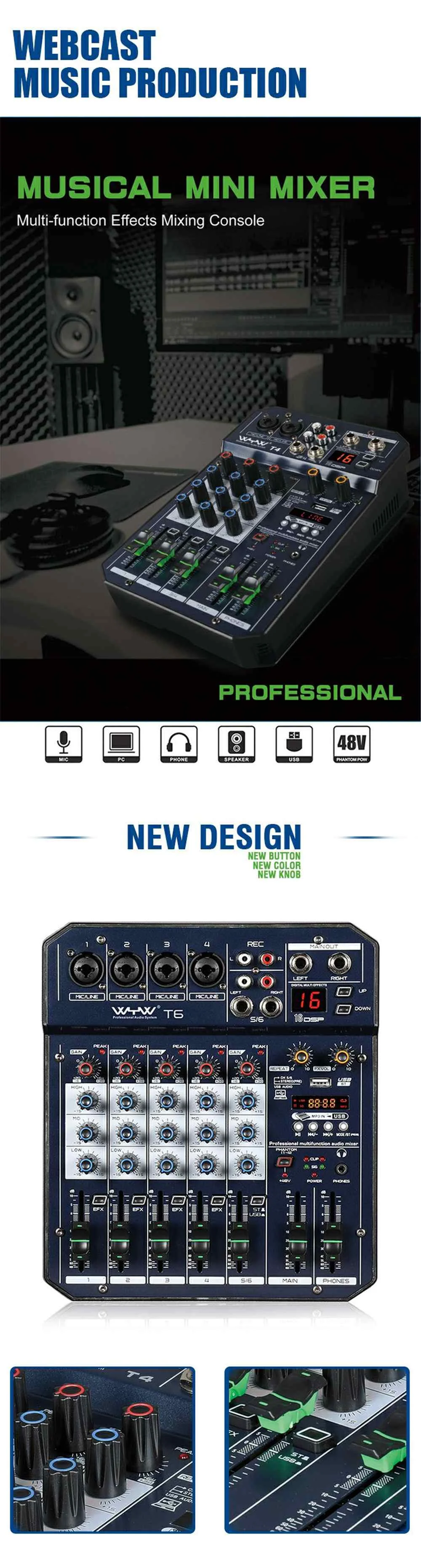 Mini 2CH 4 Channel Audio Sound Mixing bluetooth Mixer Console Sound Card Digital Live KTV Kalaok USB MP3 Player Stereo Recording