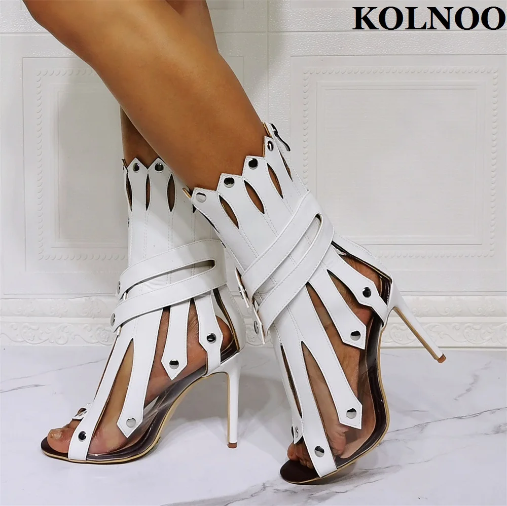 

Kolnoo New Hot Classic Ladies High Heels Boots PVC Patchwork Peep-toe Sexy Arrows Summer Anke Booties Evening Club Fashion Shoes
