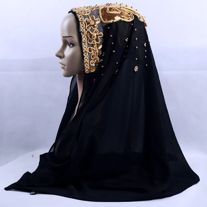 Фото Мусульманские шарфы с блестками и бисером шифоновая Длинная женская шаль