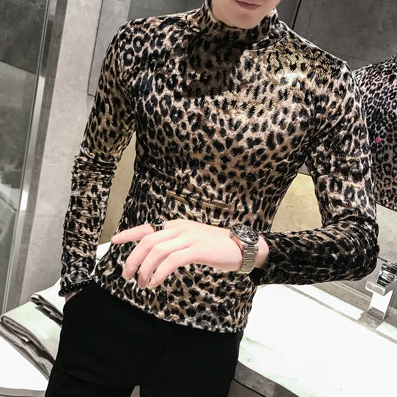 Леопардовая полуводолазка Мужская облегающая бархатная футболка мужские