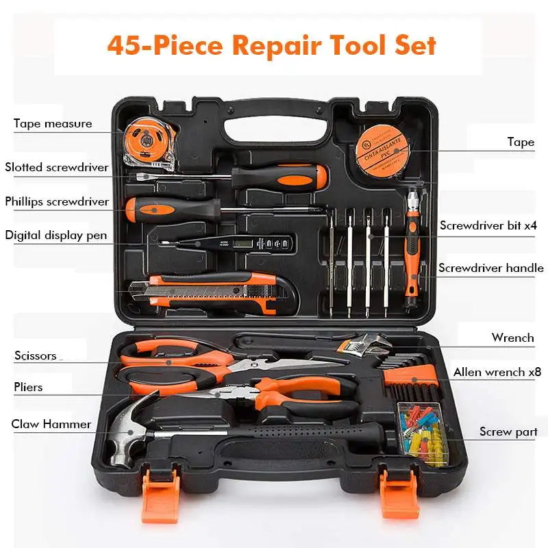 45pcs Home Repair Tool Set Daily Use Hardware Tool Kit Durable Long Lasting Tools Perfect Hand Tool Set for DIY Home Car
45pcs Home Repair Tool Set Daily Use Hardware Tool Kit Durable Long Lasting Tools Perfect Hand Tool Set for DIY Home Car