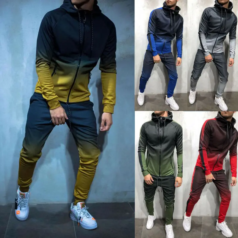 

Men Fall 2pcs Turtleneck Gradual Change Color Tracksuit Set Hoodie Top High Waist Bottoms Joggers Gym Plain Zip Pockets Slim Fit