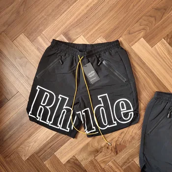 

2020 NEW RHUDE Rh Logo Swim Shorts Men Loose RHUDE Print Beach Shorts Nylon Lining Polyester Mesh Drawstring Zipper Shorts