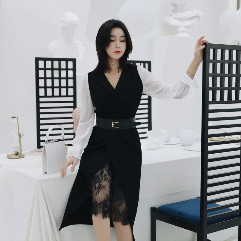 Женское элегантное офисное платье черный костюм бутоньерка с отворотом