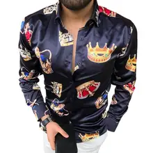 

Crown Print Men Shirt Turn-down Collar Smooth Long Sleeve Buttons Slim Shirt Streetwear Print Men Shirt