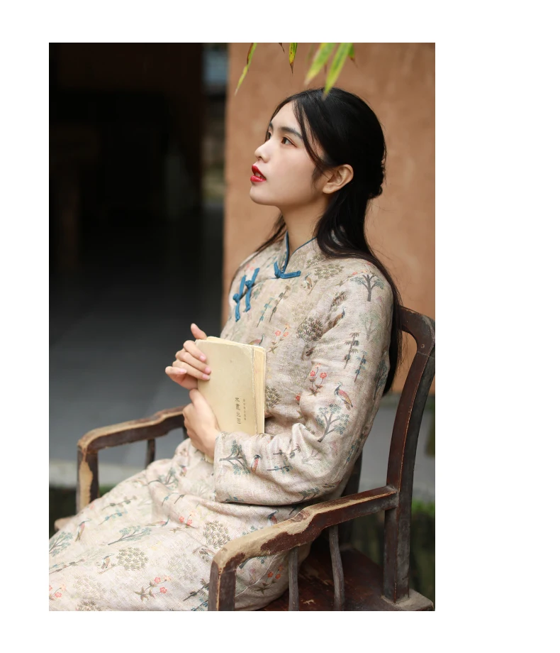 LZJN Long Sleeve Women Chinese Style Dress Stand Collar Vintage Cheongsam 2019 Winter Warm Fleece Qipao High Quality Dress (13)
