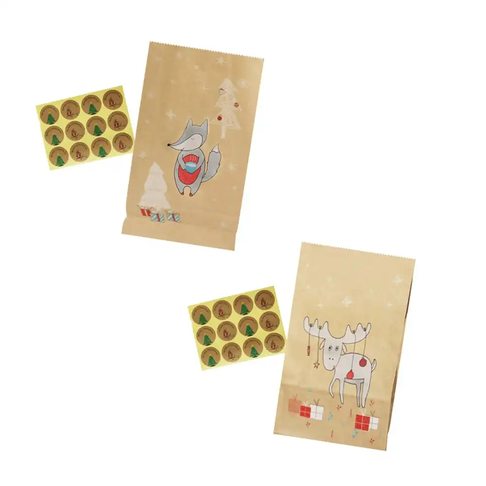 24pcs christmas kraft paper bag xmas stickers set fox moose gift
