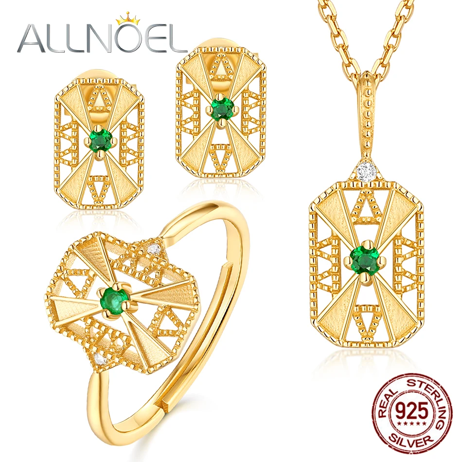 ALLNOEL S925 Sterling Silver Real Emerald Collocation Zircon Design Gold Color Ring Necklace Earrings Jewelry Sets For Women (18)