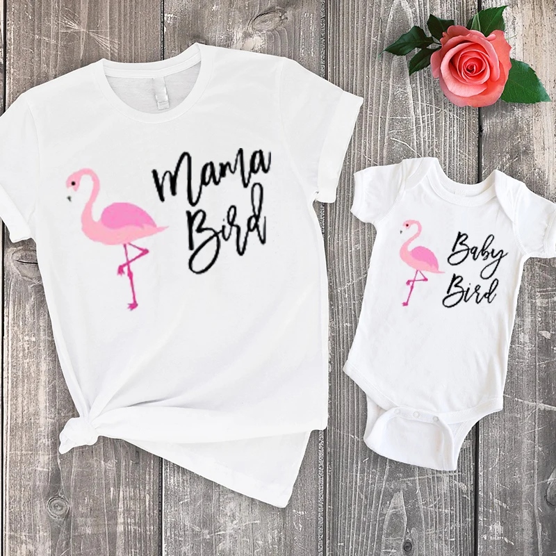 mommy and me shirts matching mother daughter mama bird baby tshirt flamingo tee set girls clothes family outfits christmas | Мать и