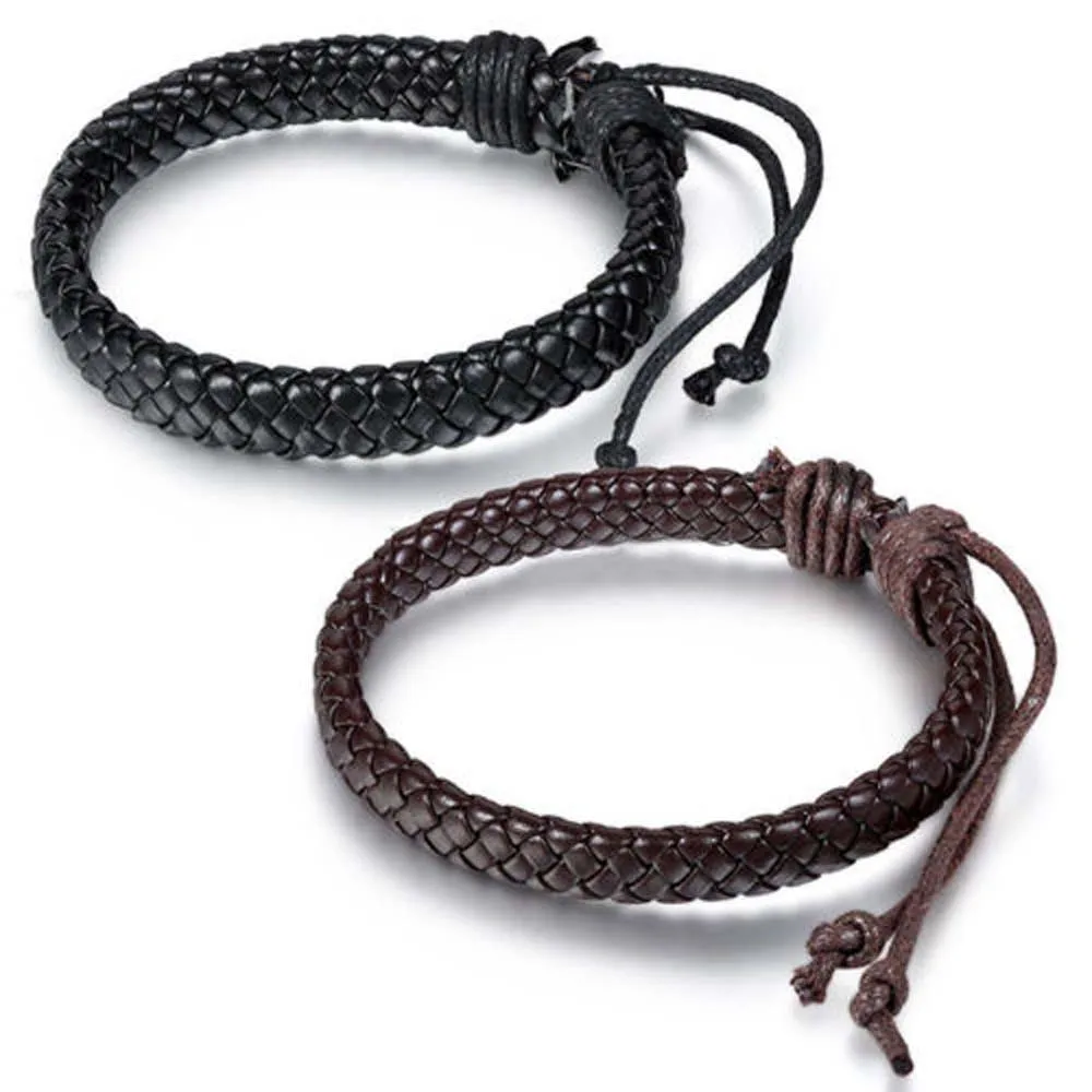 

Men's Punk Leather Bracelet Bangle Cuff Rope Jewelry Black Brown Braided Leather Bracelet Adjustable Fashion Bracelets 2019 New