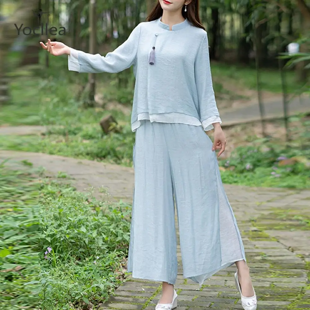 Women two piece set Spring summer double layer cotton and linen Zen tea clothes tops split wide leg pants casual women's suit
Women two piece set Spring summer double layer cotton and linen Zen tea clothes tops split wide leg pants casual women's suit