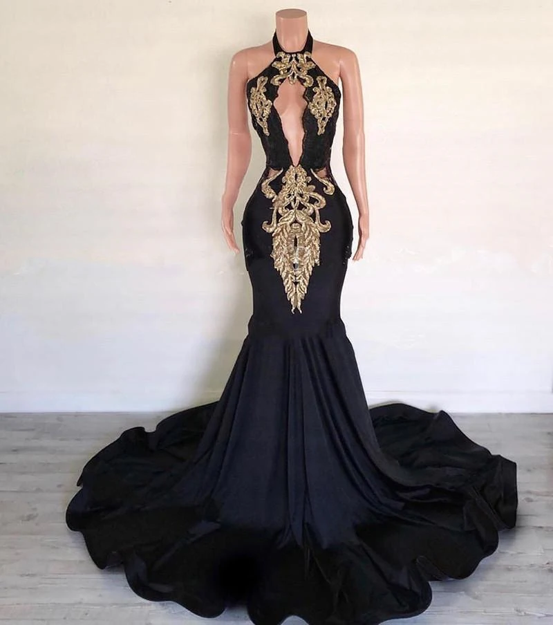 Long Mermaid Prom Dresses 2020 Halter Gold Applique Satin Backless African Black Girls Formal Party Evening Gowns Robe de soiree
Long Mermaid Prom Dresses 2020 Halter Gold Applique Satin Backless African Black Girls Formal Party Evening Gowns Robe de soiree