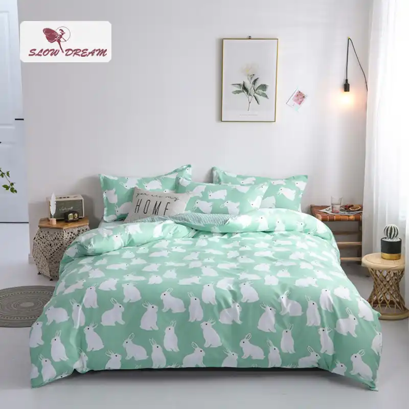 Slowdream Cartoon Rabbit Printed Bedding Set Green Duvet Cover