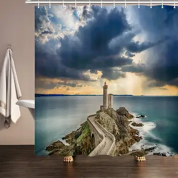 Lighthouse Decor Shower Curtain, Stone Bridge to Beacon on Ocean Navigation Nautical Bathroom Curtain Decor Machine Washable 
Lighthouse Decor Shower Curtain, Stone Bridge to Beacon on Ocean Navigation Nautical Bathroom Curtain Decor Machine Washable