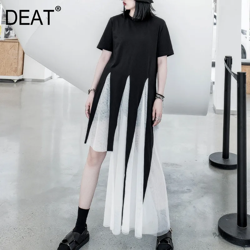 DEAT Short-sleeved Round Neck Stitching Irregular Length Mesh Woman Dress Dark Personality Fashion 2019 Autumn New TV081
DEAT Short-sleeved Round Neck Stitching Irregular Length Mesh Woman Dress Dark Personality Fashion 2019 Autumn New TV081