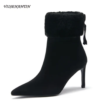 Autumn Winter New Feminine Pointed High-heeled Short Boots Suede Women Back Zipper Plus Velvet Stiletto Heel Fashion Boots 
Autumn Winter New Feminine Pointed High-heeled Short Boots Suede Women Back Zipper Plus Velvet Stiletto Heel Fashion Boots