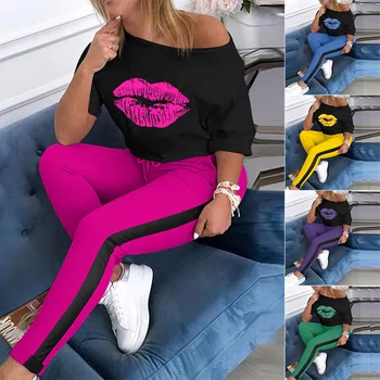 

2020 Women Autumn 2Pieces Suits Lips Printed Mid-sleeve O-neck Sexy T-shirts+Elastic Waist Colorblock Casual Pants Sport Suits