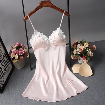 

FZSLCYIYI Silk Nightgown Women Fashion Nightdress Sexy Lace Trimmed Summer Mini Dress Sleepwear With Chest Pads Homewear