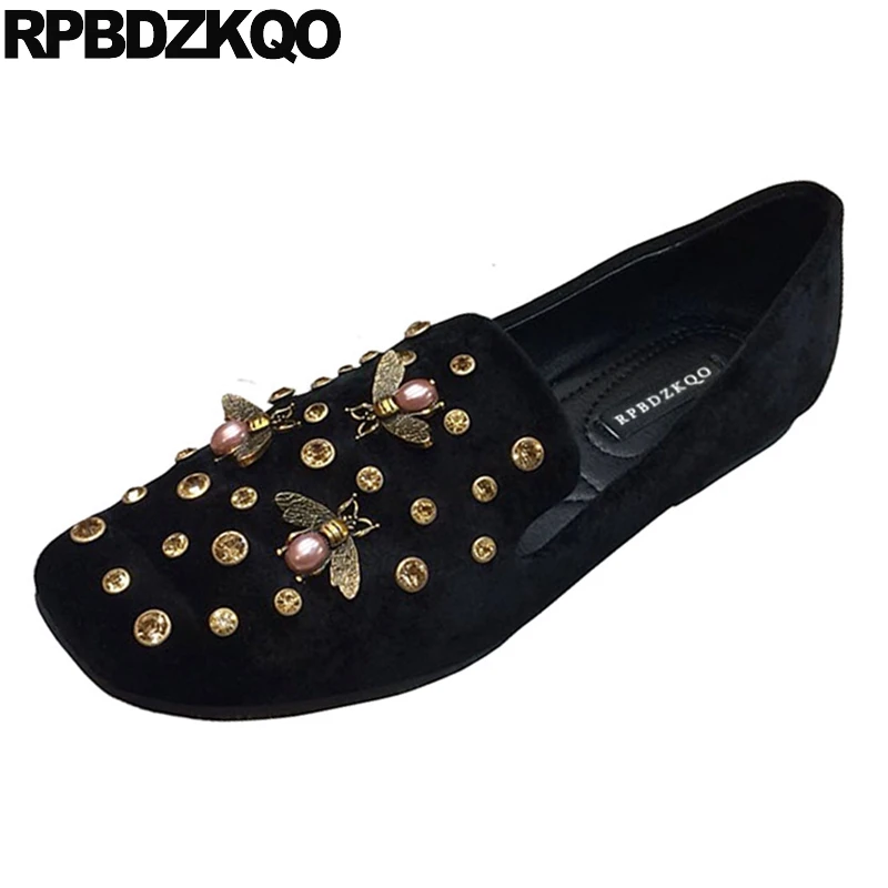 Фитнес Diamond Rhinestone Черный Кристалл Квадратный Toe Bee Дамы Красивые Квартиры Обувь