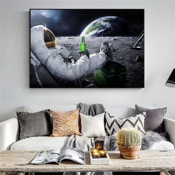 HD Printed Canvas Painting Posters and Prints Beers Outer Space Earth Astronauts Relaxing Moon Cuadros Wall Art for Living Room