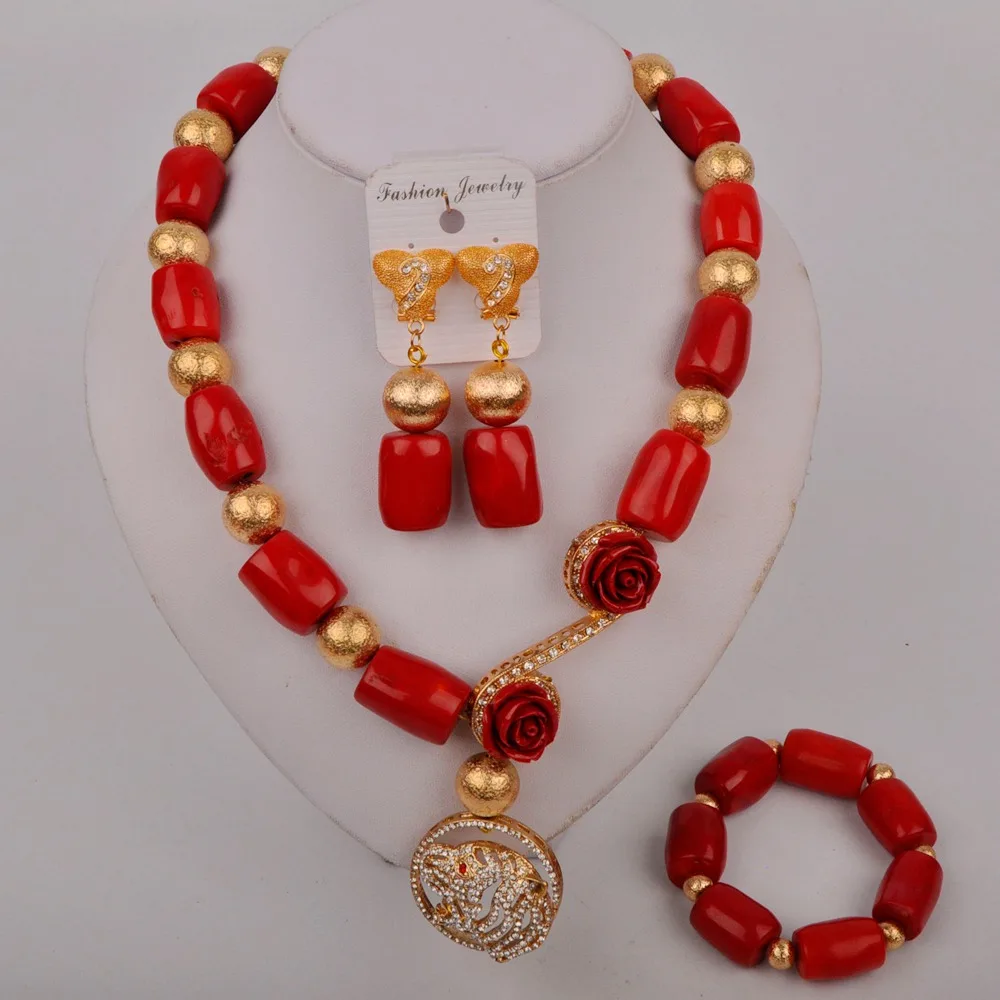 

Bride Wedding Jewelry Nigeria Wedding Red Coral Bead Necklace Bracelet Earring Set African Jewelry