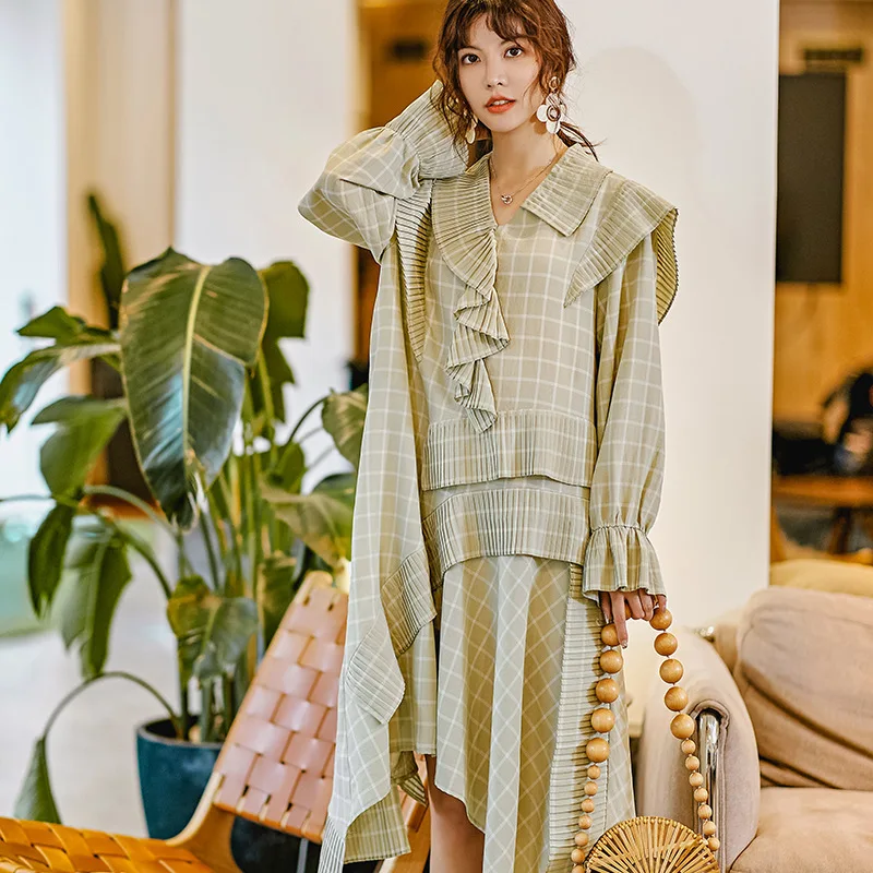 

[EWQ] 2019 Spring Autumn New Pattern V-collar Long Sleeve Asymmetrical Patchwork Pullovers Dress Women Fashion Tide AH11406