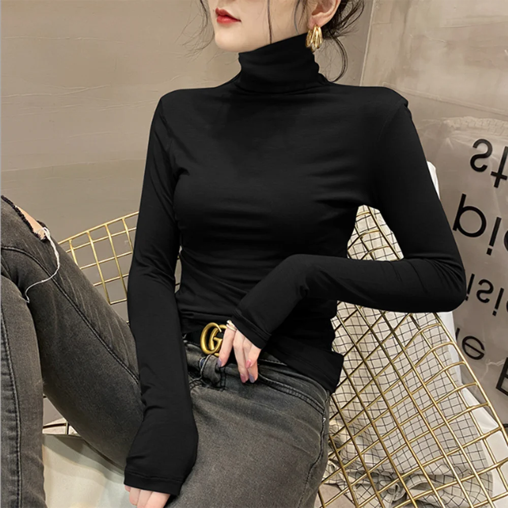 

Harajuku Solid Bottoming t Shirt Women Spring Autumn Tee Shirts Turtleneck Slim Long Sleeve Black White T-shirts Tops