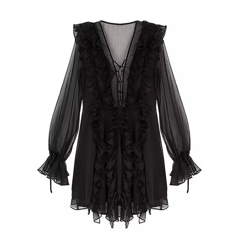 v neck black white beige ruffle long puff sleeve lace up chiffon mini dress loose elegant vocation beach
v neck black white beige ruffle long puff sleeve lace up chiffon mini dress loose elegant vocation beach