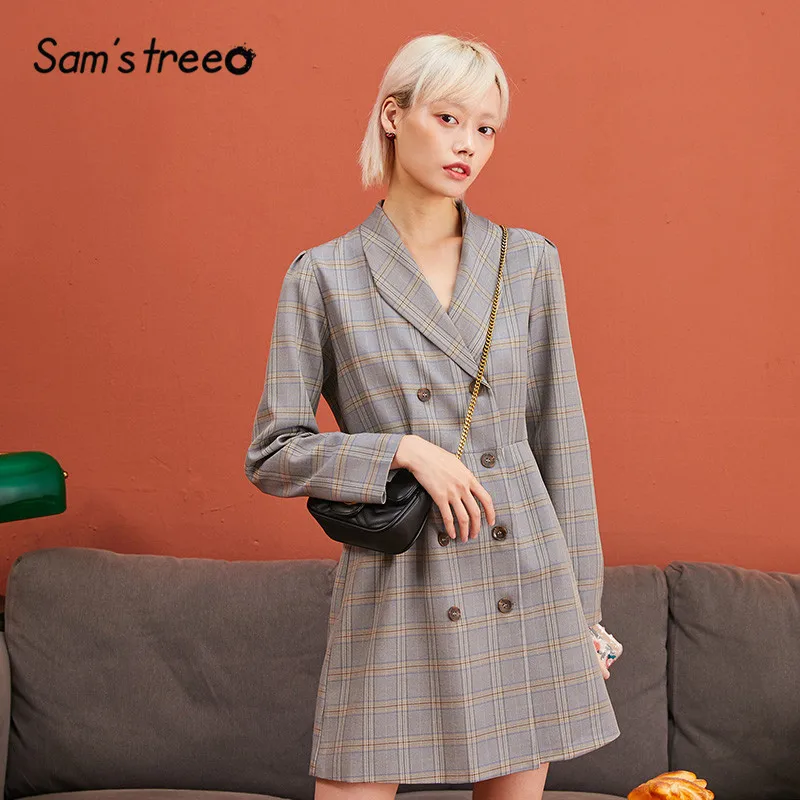 

SAM'S TREE Multicolor Plaid Brit Graphics Women Blazers 2019 Winter Elegant Double Breasted Skinny Office Ladies Daily Jackets