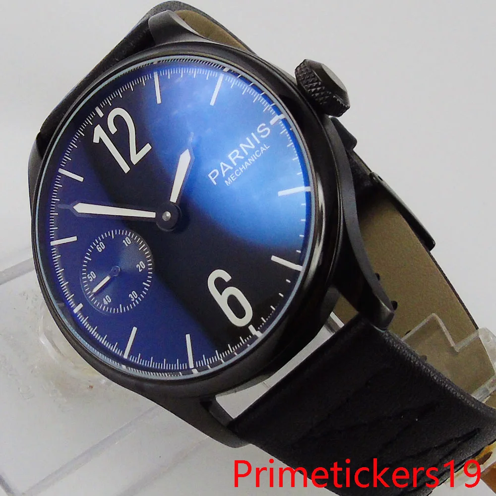 

PARNIS 44mm mechanical men watch PVD coated hand winding 6497 movement black dial leather strap