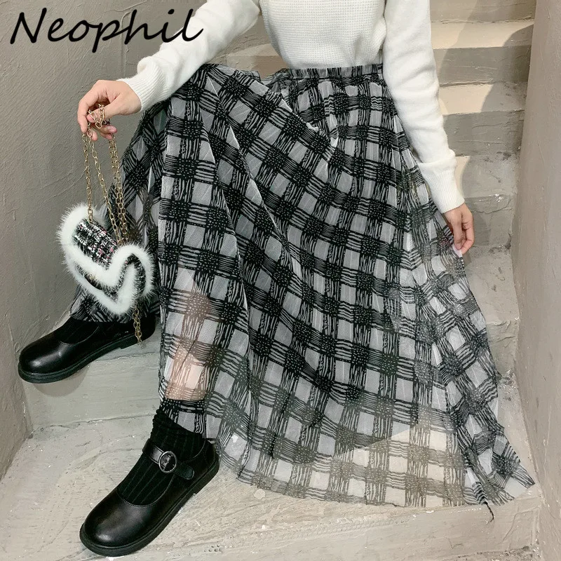Neophil Women Plaid Mesh Voile Midi Skirts England Style 2022 Summer High Waist Female Tartan Tweed Ball Gown Tulle Skirt S9112 | Женская