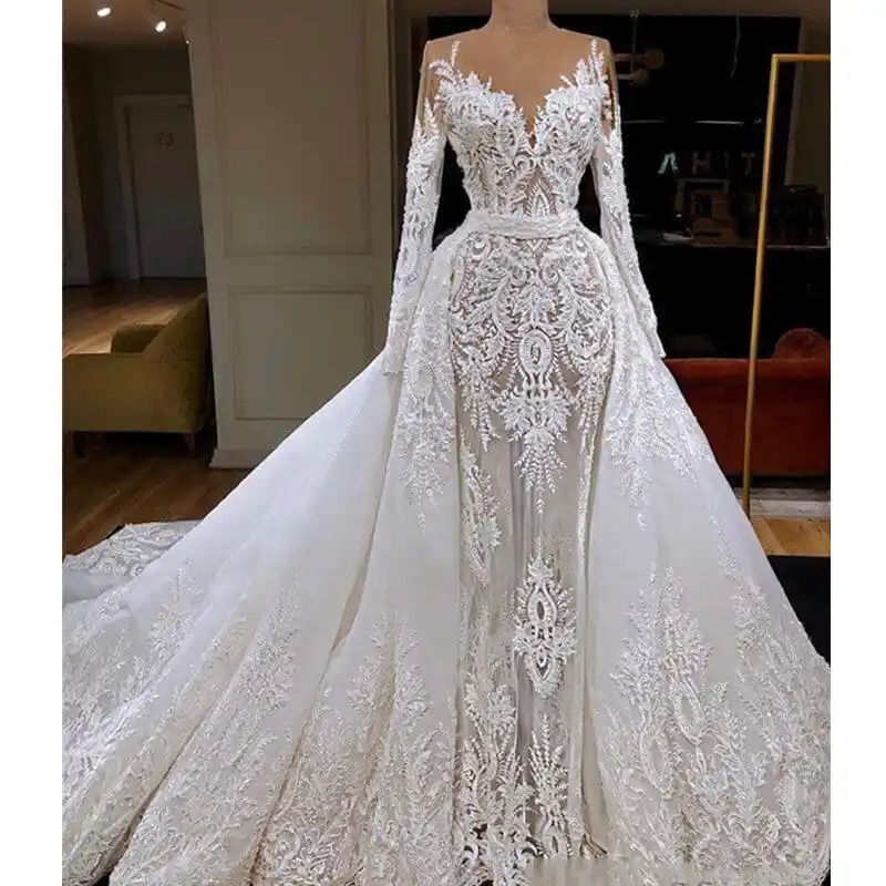 Vestido De Noiva 2020 De Manga Larga Sirena Vestido De Novia Con Tren Desmontable De Lujo Dubai Vaina Encaje Appliqued Vestido De Novia Aliexpress