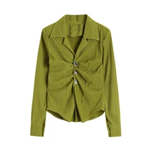 Retro Texture Pleated Mustard Green Shirt Women Loose Hong Kong Style Design Sense V-neck Lapel Spring And Autumn Female Blouse
Retro Texture Pleated Mustard Green Shirt Women Loose Hong Kong Style Design Sense V-neck Lapel Spring And Autumn Female Blouse