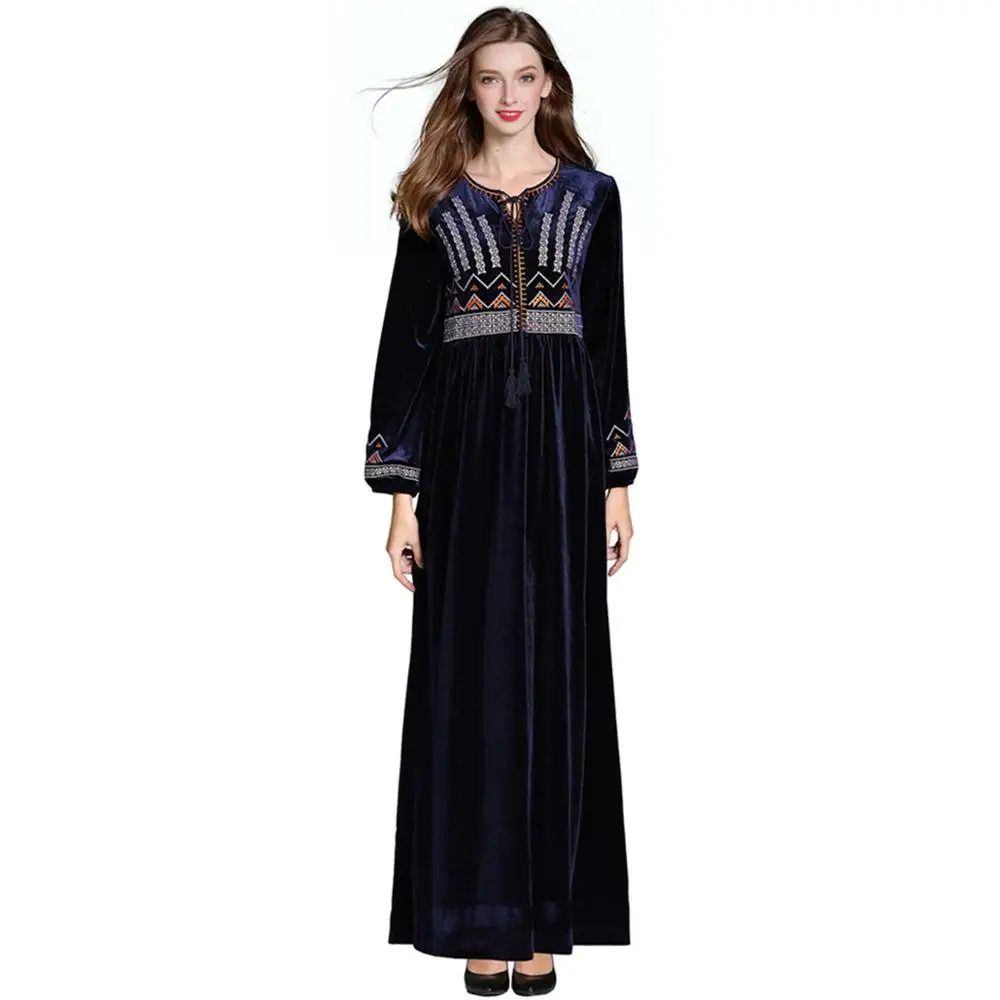 2019 Autumn Winter Long Sleeve Tied Round Neck Ankle Length A-Line Geometric Embroidered Maxi Velvet Muslim Evening Dress Women 
2019 Autumn Winter Long Sleeve Tied Round Neck Ankle Length A-Line Geometric Embroidered Maxi Velvet Muslim Evening Dress Women