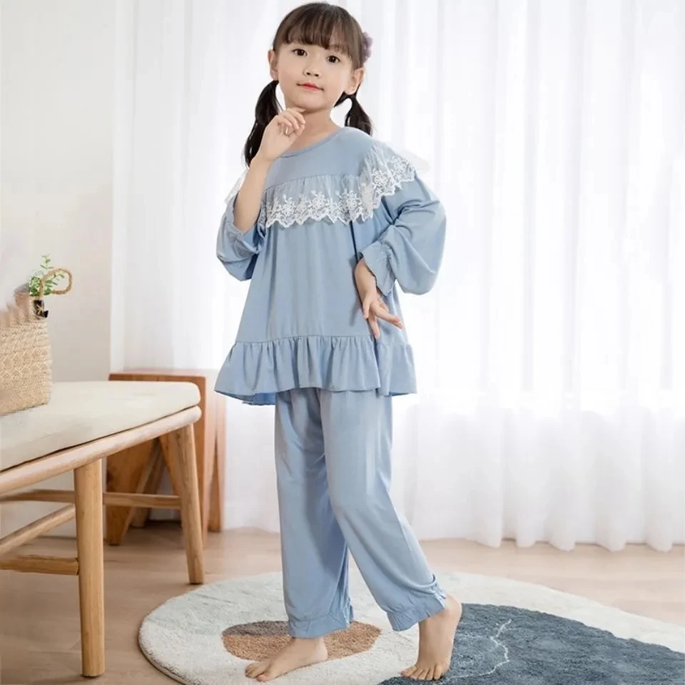 

Spring Autumn Childrens Long-sleeve Pajamas Thin Summer Girls Breathable Modal Air-conditioned Clothing Girls Home Service Suits