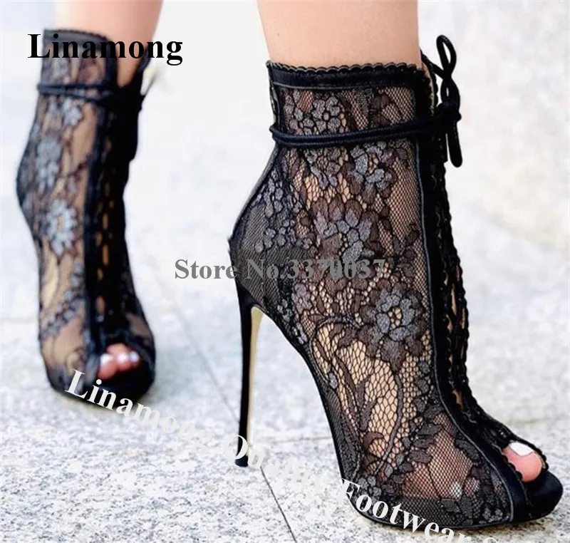 

Linamong Elegant Peep Toe Black White Mesh Stiletto Heel Short Gladiator Boots Charming Lace-up High Heel Ankle Booties