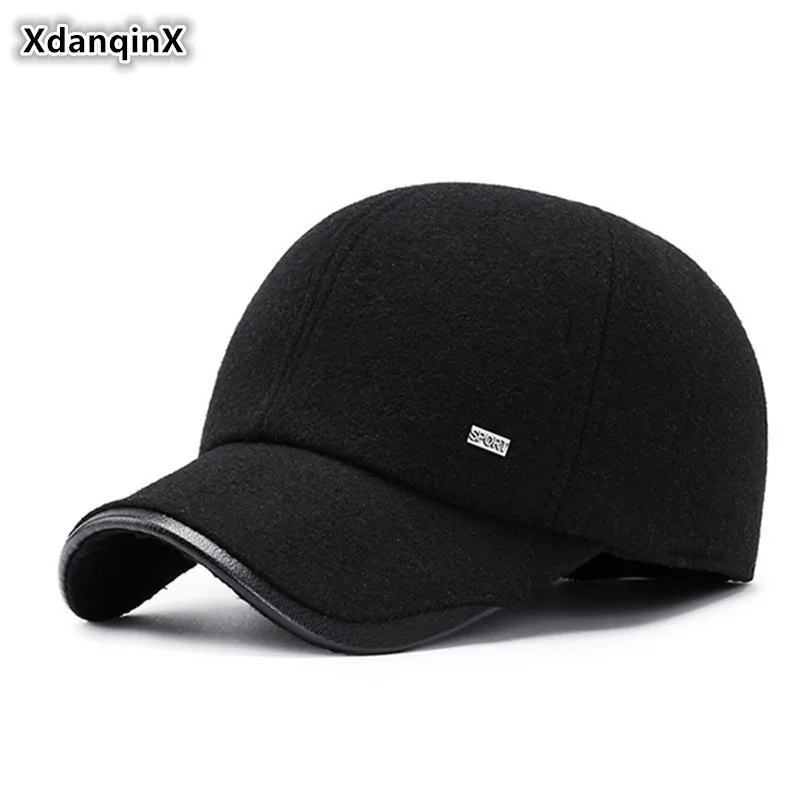 

XdanqinX Winter Men's Earmuffs Cap Thick Warm Baseball Caps With Ears Snapback Hat Adjustable Size Middle-aged Dad's Bone Hats