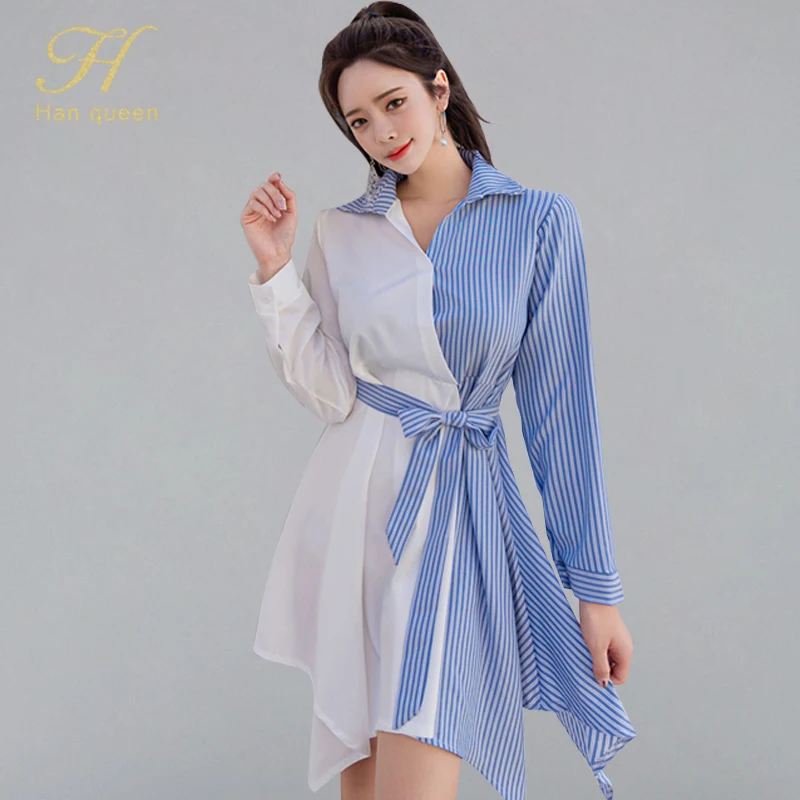 H Han Queen Striped Patchwork Shirt Dress Women 2019 Autumn Turn-down Colar Lace-up Dresses OL Irregular Fashion Casual Vestidos
H Han Queen Striped Patchwork Shirt Dress Women 2019 Autumn Turn-down Colar Lace-up Dresses OL Irregular Fashion Casual Vestidos
