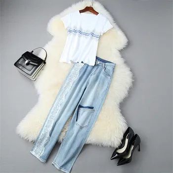 High Street Fashion Summer Set 2 Piece Clothing Set 2020 New Designers Outfits Short Sleeve Tee Shirt and Jeans Pants Suit Sets 
High Street Fashion Summer Set 2 Piece Clothing Set 2020 New Designers Outfits Short Sleeve Tee Shirt and Jeans Pants Suit Sets