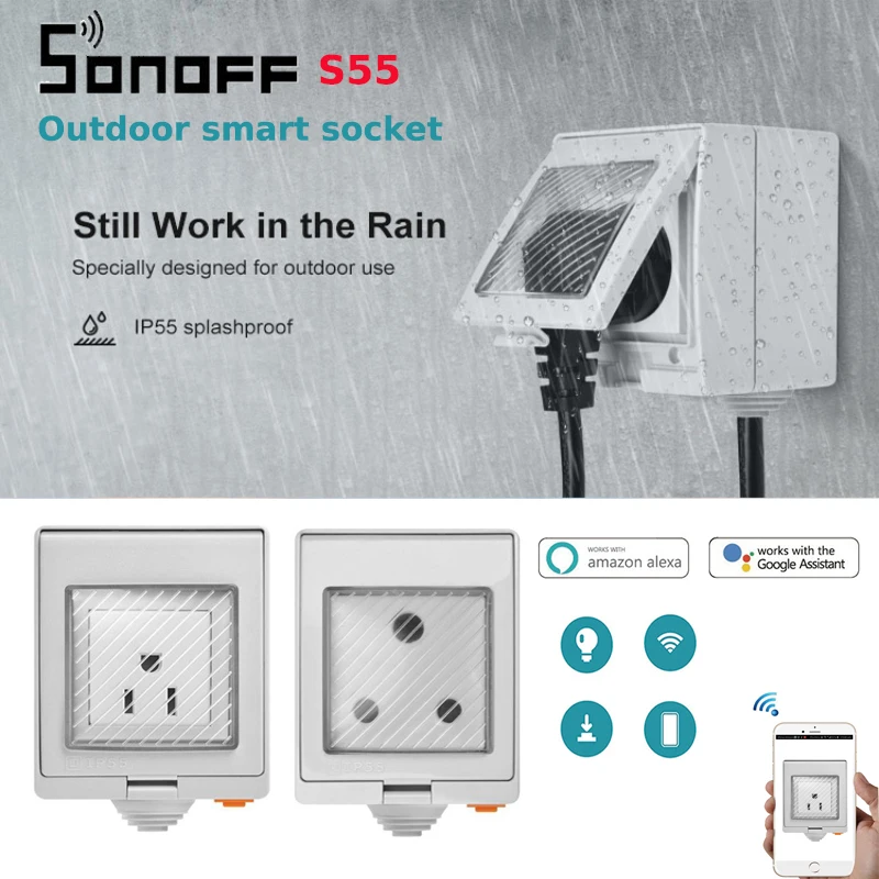 Ewelink APP SONOFF S55 Wi-Fi Smart Socket IP55 waterproof for outdoor use work with Amazon Alexa Google home IFTTT
Ewelink APP SONOFF S55 Wi-Fi Smart Socket IP55 waterproof for outdoor use work with Amazon Alexa Google home IFTTT
