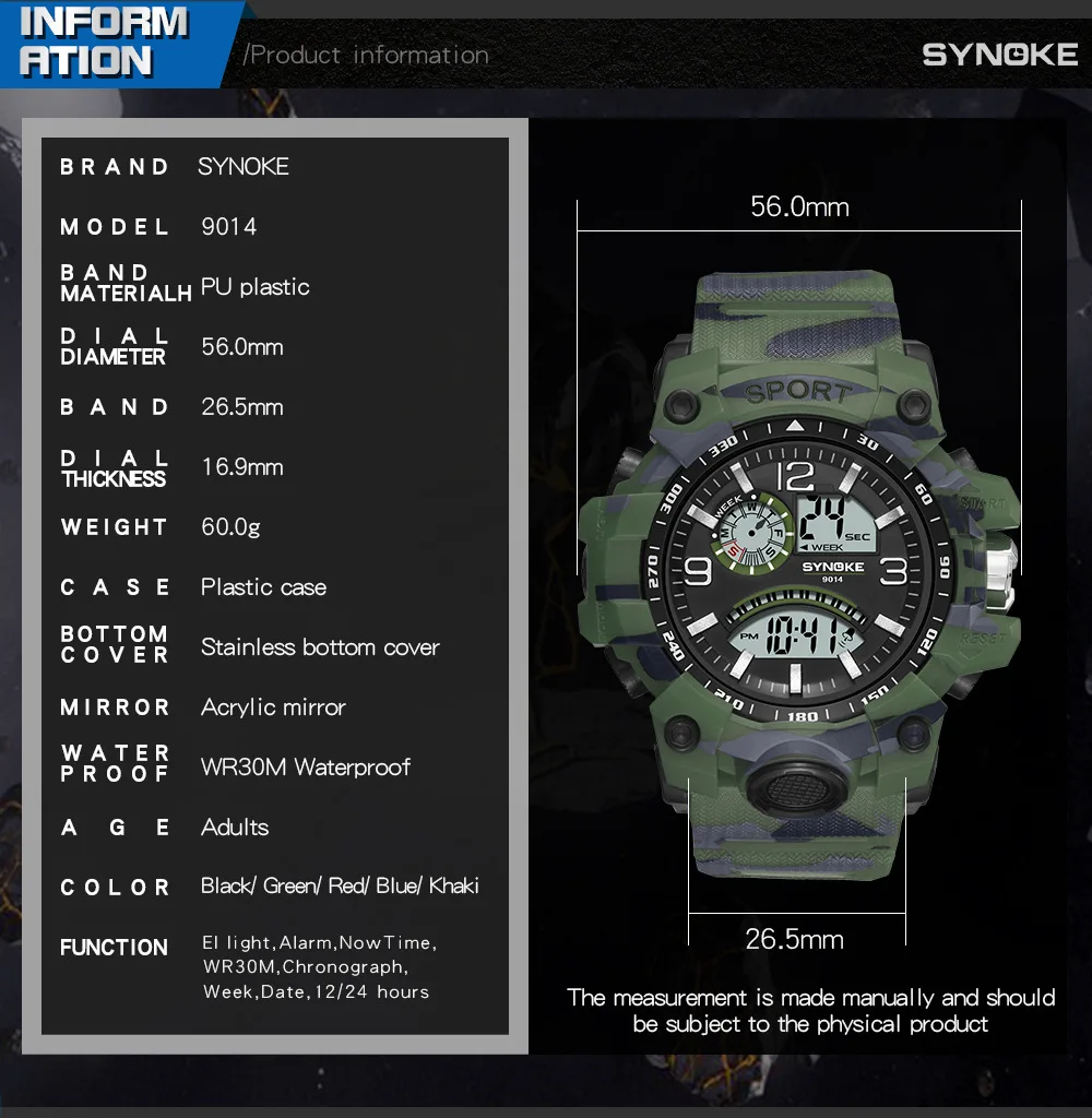 SYNOKE Men Sports Electronic Analog Digital Watch Multi Functional Dual Display Outdoor Waterproof Men's Watch Big Screen SYNOKE Men Sports Electronic Analog Digital Watch Multi Functional Dual Display Outdoor Waterproof Men's Watch Big Screen