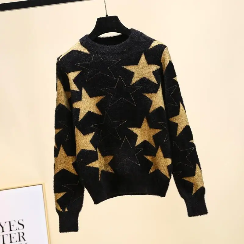 Winter Thick Warm Women Sweater O-Neck Gold Star Pattern Mohair Pullovers Casual Print Long Sleeve Knit | Женская одежда
