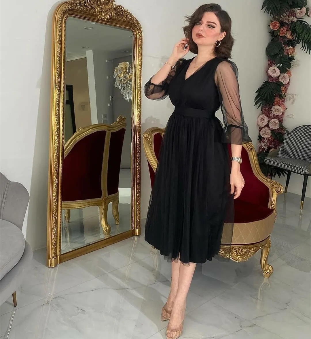 Elegant Long Black V-Neck Evening Dresses with Sleeve Tulle Zipper Back Abendkleid Robes de Soirée for Women
Elegant Long Black V-Neck Evening Dresses with Sleeve Tulle Zipper Back Abendkleid Robes de Soirée for Women